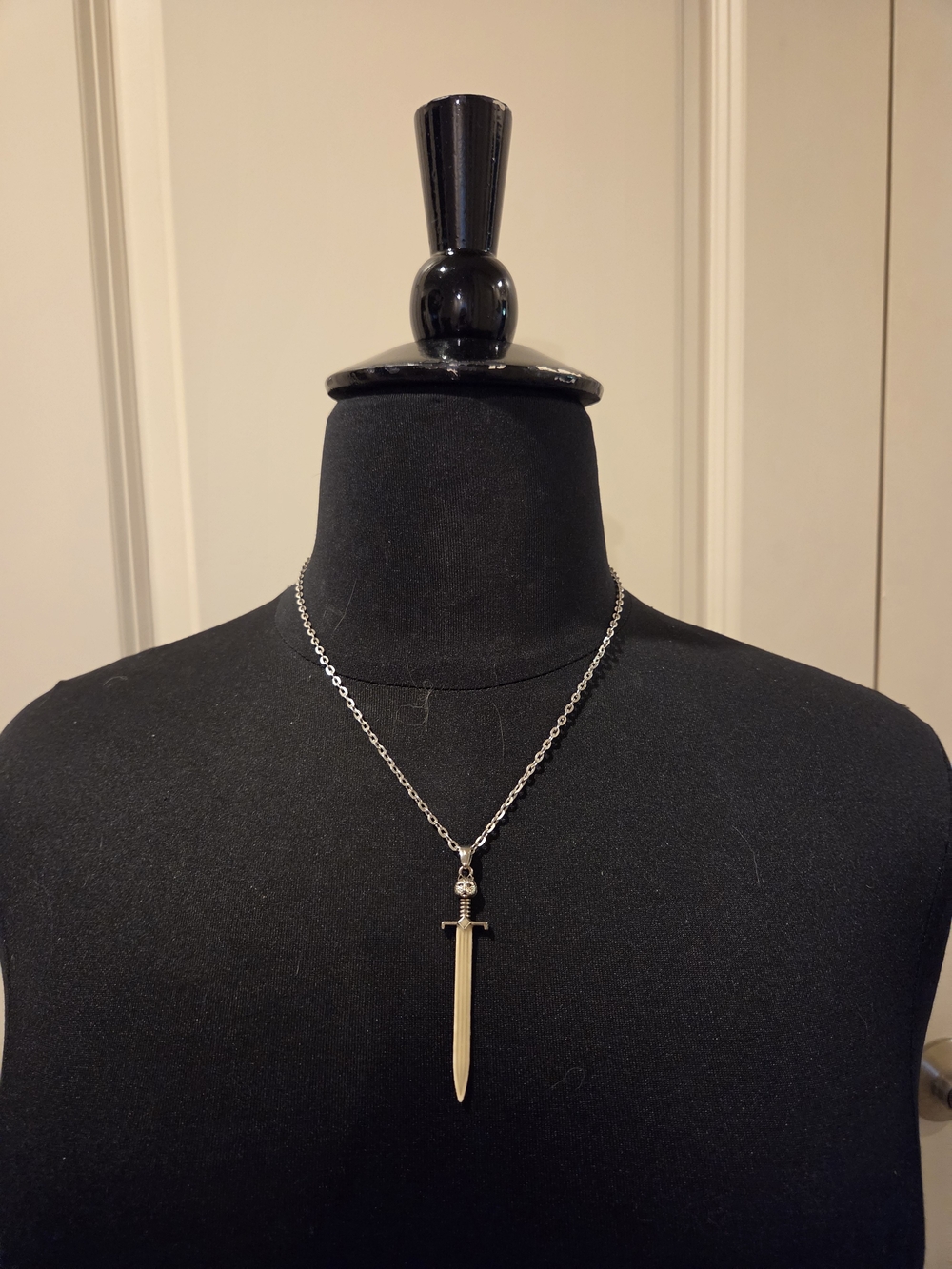 Silver Tone Cat Head W/ Enamel Sword Pendant Necklace